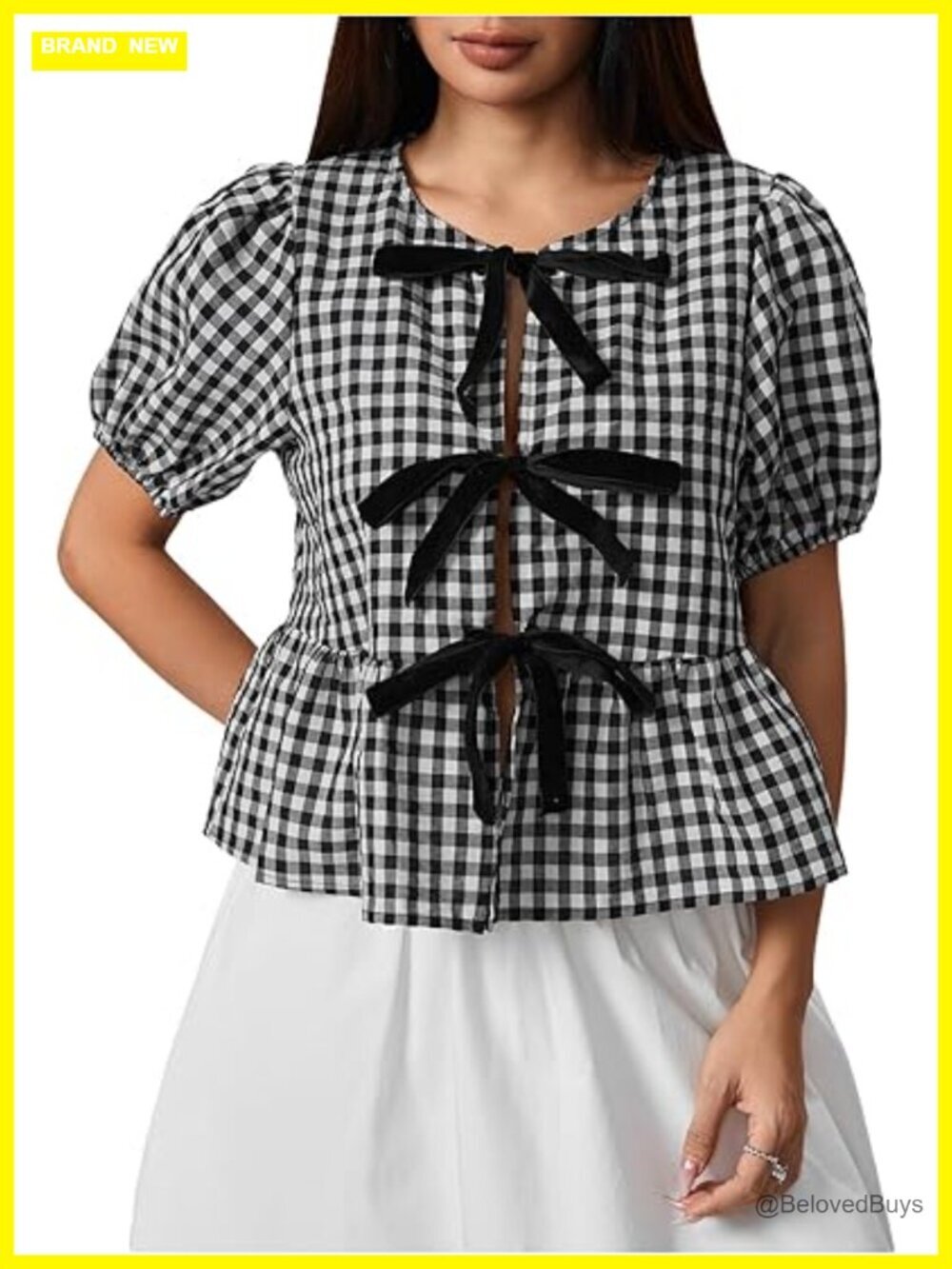 Gingham Plaid Peplum Top Short Puff Sleeve Bow Tie T Shirt Kawaii Cute Summer
